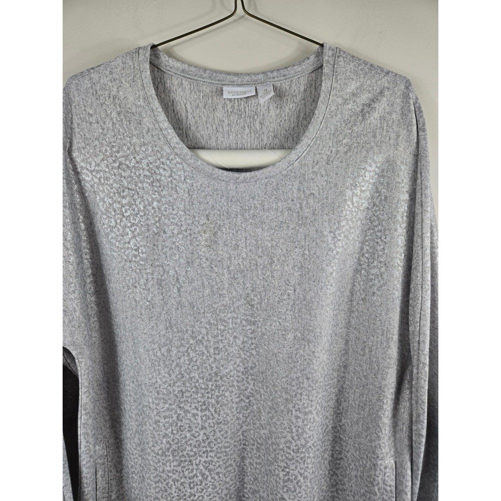 Weekends by Chicos Silver Metallic Animal Print Top Long Sleeve Pocket Gray Sz 3 - Picture 2 of 7